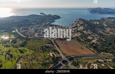 Aerial view, Playa Santa Ponsa, view of Santa Ponsa, Calvià, Mallorca, Spain, Europe, Balearic Islands, wasteland, ES, Es Malgrats, Espana, panoramic Stock Photo