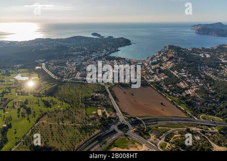 Aerial view, Playa Santa Ponsa, view of Santa Ponsa, Calvià, Mallorca, Spain, Europe, Balearic Islands, wasteland, ES, Es Malgrats, Espana, panoramic Stock Photo