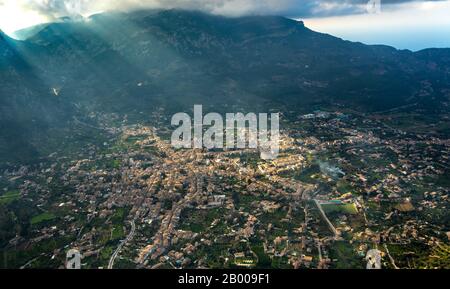 Aerial view, town view and city centre of Sóller, Serra de Tramuntana mountain range, Sóller, Europe, Balearic Islands, Spain, old town, Camp De Futbo Stock Photo