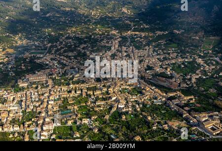 Aerial view, city view and centre of Sóller, Sóller, Europe, Balearic Islands, Spain, Old Town, Camp De Futbol Ca'n Maiol, ES, Església parroquial de Stock Photo