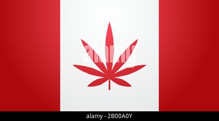 Canada flag with marijuana leaf cannabis legalization concept horizontal flat vector illustration Stock Vector