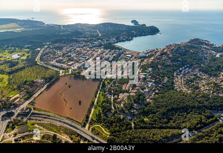 Aerial view, Playa Santa Ponsa, view of Santa Ponsa, backlit, Calvià, Mallorca, Spain, Europe, Balearic Islands, bay, ES, Es Malgrats, Espana, distant Stock Photo