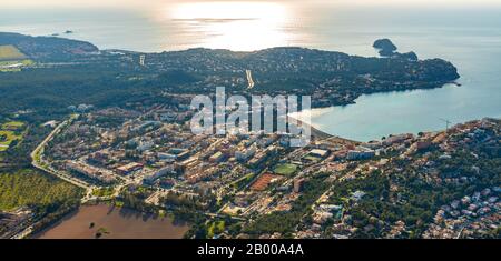 Aerial view, Playa Santa Ponsa, view of Santa Ponsa, backlit, Calvià, Mallorca, Spain, Europe, Balearic Islands, bay, ES, Es Malgrats, Espana, distant Stock Photo