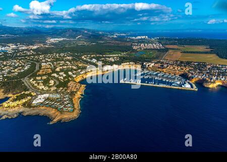 Aerial view, Port Adriano, harbour, luxury residential complex Cap Adriano, El Toro, Europe, Balearic Islands, Spain, Majorca, boats, boat dock, boat Stock Photo