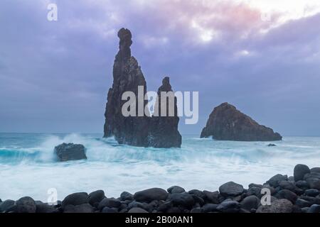Stormy morning at the rocks of Ribeira da Janela, Madeira, Portugal Stock Photo