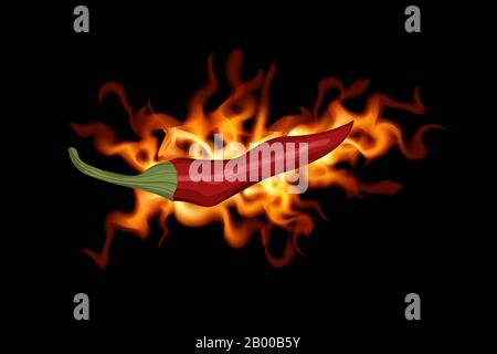 Red hot chili pepper in fire on black background. Vector illustration. Freshness vegetable Stock Vector