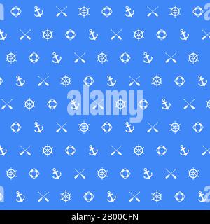 Nautical pattern seamless summer sea pattern with Boat steering, Life Buoy, Anchors and Paddles on Blue background. Nautical pattern vector Stock Vector