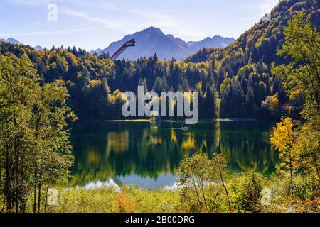 Lake Freiberg and Heini-Klopfer ski jump, near Oberstdorf, Oberallgaeu, Allgaeu, Swabia, Bavaria, Germany Stock Photo