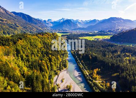 Iller, Illertal, Oberstdorf, drone recording, Oberallgaeu, Allgaeu Alps, Allgaeu, Swabia, Bavaria, Germany Stock Photo