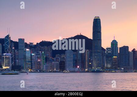 Skyline of Hong Kong Island at sunset, Hong Kong, China Stock Photo