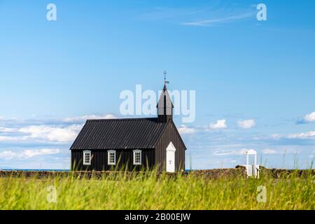 Black wooden church, Budir Kirka, Buoakirkja, Budir, Snaefellsnes Peninsula, Snaefellsnes, Vesturland, Iceland Stock Photo