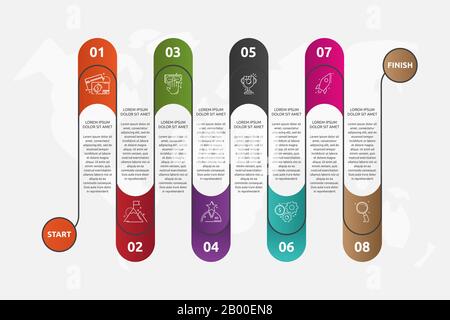 Abstract vector road timeline infographic. Vector illustration with 8 labels. Eight steps for graph, diagrams, slideshow. Path step by step Stock Vector