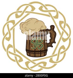 Irish Celtic design, Celtic-style clover, mug of beer, illustration on the theme of St. Patricks day celebration Stock Vector
