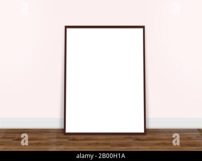 empty white modern style photo frame on composition pink pastel wall and wooden floor with copy space Stock Photo