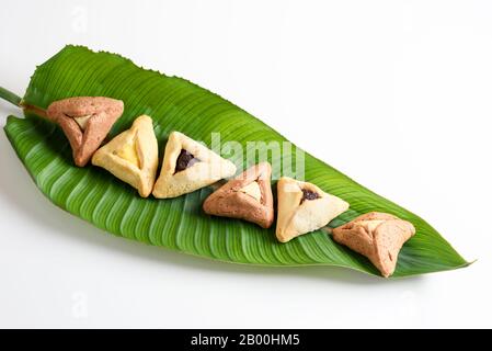 Group of variety triangular cookies traditional meal for Jewish Holiday Purim on palm leaf. Leaf plates to conserve the environment. Stock Photo