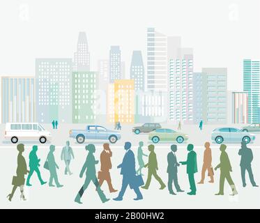 Big city with pedestrians and road traffic, illustration Stock Vector ...