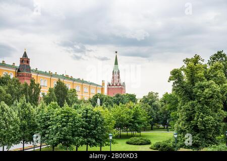 Red wall and watchtower of kremlin Palace near the Red Square in Moscow, Russia. Stock Photo