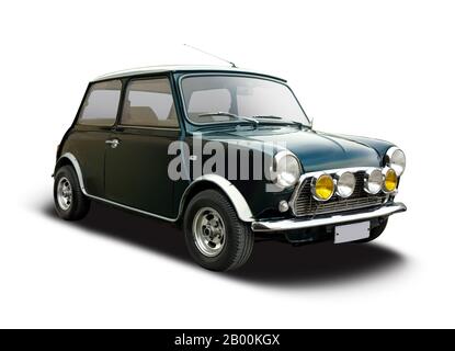 Classic British mini car side view isolated on white Stock Photo