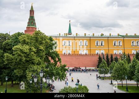 Red wall and watchtower of kremlin Palace near the Red Square in Moscow, Russia. Stock Photo