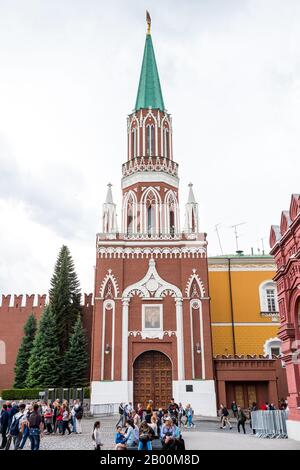 Red wall and watchtower of kremlin Palace near the Red Square in Moscow, Russia. Stock Photo