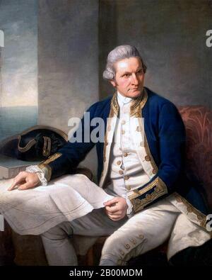 Captain James Cook (1728-1779). Oil on canvas painting by Nathaniel Dance-Holland (1735-1811), c. 1775.  James Cook FRS RN  (7 November 1728 – 14 February 1779) was a British explorer, navigator and cartographer, ultimately rising to the rank of Captain in the Royal Navy. Cook was the first to map Newfoundland prior to making three voyages to the Pacific Ocean during which he achieved the first European contact with the eastern coastline of Australia  and the Hawaiian Islands as well as the first recorded circumnavigation of New Zealand. Cook died in Hawaii in a fight with Hawaiians. Stock Photo