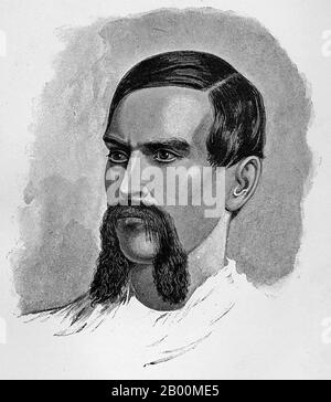 UK: Portrait of Sir Richard Francis Burton (1821-1890), by Louis William Desanges (1822-1905), 1893.  Captain Sir Richard Francis Burton KCMG FRGS (19 March 1821 – 20 October 1890) was an English explorer, translator, writer, soldier, orientalist, ethnologist, linguist, poet, hypnotist, fencer and diplomat. He was known for his travels and explorations within Asia and Africa as well as his extraordinary knowledge of languages and cultures. Stock Photo