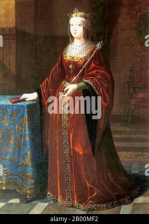 Spain: 'Isabella I (1451-1504), Queen of Castile and Leon'. Oil on canvas  painting by Luis de Madrazo (1825-1897), c. 1848. Isabella I (Spanish:  Isabel I, Ysabel, anglicised as Elizabeth) (22 April 1451-26