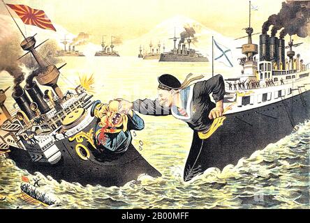 Russia: Russian propaganda image of Tsarist navy giving Japanese navy a bloody nose, (Russo-Japanese War, 8 February 1904 – 5 September 1905).  The Russo-Japanese War (8 February 1904 – 5 September 1905) was the first great war of the 20th century which grew out of the rival imperial ambitions of the Russian Empire and Japanese Empire over Manchuria and Korea. The resulting campaigns, in which the Japanese military attained victory over the Russian forces arrayed against them, were unexpected by world observers. Stock Photo