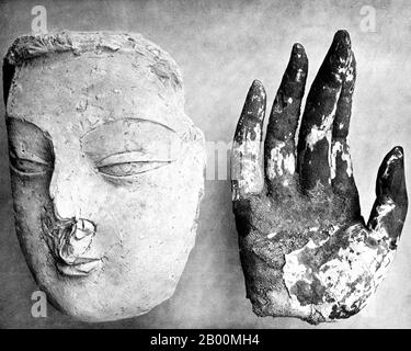 China: Stucco relief fragments from Khotan and Karakhoja, Xinjiang.  The ancient Kingdom of Khotan was one of the earliest Buddhist states in the world and a cultural bridge across which Buddhist culture and learning were transmitted from India to China. Gaochang is the site of an ancient oasis city built on the northern rim of the inhospitable Taklamakan Desert in Xinjiang, China. A busy trading center, it was a stopping point for merchant traders traveling on the Silk Road. The ruins are located 30 km southeast of modern Turpan. Gaochang is called Karakhoja or Qarakhoja in Uighur. Stock Photo