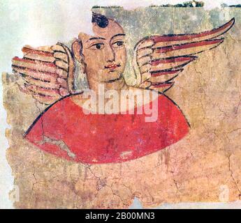 China: Mural of a winged angel from Miran, Xinjiang.  In ancient times Miran was a busy trading center on the southern part of the Silk Road, after the route split into two (the northern route and the southern route), as caravans of merchants sought to escape travel across the harsh wasteland of the desert (called by the Chinese 'The Sea of Death') and the Tarim Basin. They went by going around its north or south rim. It was also a thriving center of Buddhism with many monasteries and stupas. Marc Aurel Stein was the first archaeologist to systematically study the ruins at Miran in 1907. Stock Photo