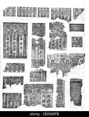 China: Block prints on paper from Khara-Khoto, Inner Mongolia.  Khara-Khoto is a medieval Tangut city in the Ejin khoshuu of Alxa League, in western Inner Mongolia, near the former Gashun Lake. It has been identified as the city of Etzina, which appears in 'The Travels of Marco Polo'. Stock Photo