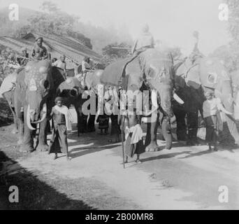 Sri Lanka: Buddhist procession going to bring new rice to the Temple of the Tooth, Kandy, 1903.  Esala Perahera (the Festival of the Tooth) is the grand festival of Esala held in Kandy in Sril Lanka every July or August. Known for its elegant costumes, it has become a unique symbol of Sri Lanka. It is a Buddhist festival consisting of dances and nicely decorated elephants. There are fire dances, whip dances, Kandian dances and various other cultural dances. Elephants are usually adorned with lavish garments. Stock Photo