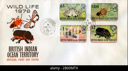BIOT (British Indian Ocean Territory): BIOT First Day Cover.  The British Indian Ocean Territory (BIOT) or Chagos Islands (formerly the Oil Islands) is an overseas territory of the United Kingdom situated in the Indian Ocean, halfway between Africa and Indonesia. The territory comprises a group of seven atolls comprising more than 60 individual islands, situated some 500 kilometres (310 mi) due south of the Maldives archipelago. The largest island is Diego Garcia (area 44 km squared), the site of a joint military facility of the United Kingdom and the United States. Stock Photo