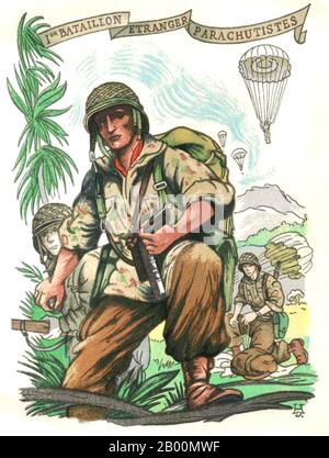 Vietnam: Foreign Legion poster showing soldiers of the 1st Parachute Battalion.  The French Foreign Legion (French: Légion étrangère) is a unique military unit in the French Army established in 1831. The legion was specifically created for foreign nationals wishing to serve in the French Armed Forces. Stock Photo