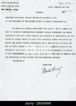 Vietnam: Telegram from Ho Chi Minh to President Truman dated February 28, 1946.  The Second Indochina War, known in America as the Vietnam War, was a Cold War era military conflict that occurred in Vietnam, Laos, and Cambodia from 1 November 1955 to the fall of Saigon on 30 April 1975. This war followed the First Indochina War and was fought between North Vietnam, supported by its communist allies, and the government of South Vietnam, supported by the U.S. and other anti-communist nations. Stock Photo