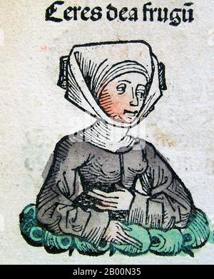 Germany: 'Ceres'. The Nuremberg Chronicle, by Hartmann Schedel (1440-1514), 1493.  The Nuremberg Chronicle is an illustrated world history. Its structure follows the story of human history as related in the Bible; it includes the histories of a number of important Western cities. Written in Latin by Hartmann Schedel, with a version in German translation by Georg Alt, it appeared in 1493. It is one of the best-documented early printed books. It is classified as an incunabulum – that is, a book, pamphlet, or broadside that was printed (not handwritten) before the year 1501 in Europe. Stock Photo