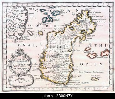 Madagascar: A 1656 map of French East India.  Madagascar was the scene of the activities of the French East India Company. The French East India Company (French: La Compagnie Française des Indes Orientales or Compagnie Française pour le Commerce des Indes Orientales) was a commercial enterprise, founded in 1664 to compete with the British and Dutch East India companies in colonial India. Stock Photo