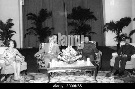 Cambodia: Pol Pot and Khieu Samphan meeting with Nicolae Ceausescu and wife Elena, Bucharest, Romania, May 28-30, 1978. Picture from the archives of the Romanian Communist regime.(http://fototeca.iiccr.ro/picdetails.php?picid=45014X1X4).  Nicolae Ceaușescu (26 January 1918 – 25 December 1989) was a Romanian politician and dictator who was the Secretary General of the Romanian Communist Party from 1965 to 1989, President of the Council of State from 1967, and President of Romania from 1974 to 1989. Stock Photo