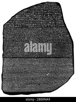 Egypt: The Rosetta Stone is an Ancient Egyptian artifact which provided the key to modern understanding of Egyptian hieroglyphs. Created at the behest of King Ptolemy V Epiphanes (204-180 BCE).  The Rosetta Stone is a fragment of a larger granodiorite stele, with an inscription recording a decree that was issued at Memphis in 196 BCE. No additional fragments were found in later searches of the Rosetta site. Owing to its damaged state, none of the three texts is absolutely complete. The Greek text contains 54 lines, of which the first 27 survive in full; the rest are increasingly fragmentary. Stock Photo