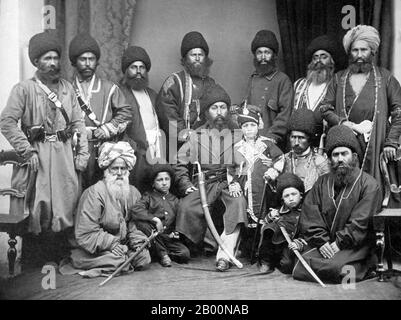 Afghanistan: 'Group of the Amir Shere Ali, Prince Abdullah Jan, & Sirdars'. Photo by John Burke (1843-1900), 1869.  Sher Ali Khan (1825–February 21, 1879) was Amir of Afghanistan from 1863 to 1866 and from 1868 until his death in 1879. He was the third son of Dost Mohammed Khan, founder of the Barakzai Dynasty in Afghanistan. Stock Photo