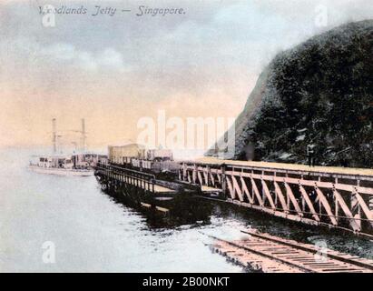 Singapore: Woodlands Jetty, postcard, late 19th - early 20th century.  Singapore hosted a trading post of the East India Company in 1819 with permission from the Sultanate of Johor. The British obtained sovereignty over the island in 1824 and Singapore became one of the British Straits Settlements in 1826. Occupied by the Japanese in World War II, Singapore declared independence, uniting with other former British territories to form Malaysia in 1963, although it was separated from Malaysia two years later. Since then it has had a massive increase in wealth, and is one of the Four Asian Tigers Stock Photo