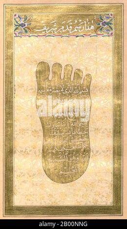 Turkey: Illuminated folio depicting 'the Footprint of the Prophet Muhammad', from an Ottoman dua kitabi or ‘prayer book’ by Hasan Rashid (Istanbul, 1845), once the property of a Topkapi harem lady.  The Arabic term ‘du’a’ is generally translated into English as ‘prayer’, though a more exact rendering would be ‘supplication’. The term is derived from an Arabic word meaning to 'call out' or to 'summon', and Muslims regard this as a profound act of worship. This is when Muslims connect with God and ask him for forgiveness or appeal for his favour. Stock Photo