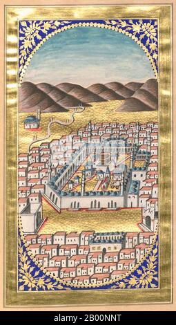 Turkey: Illuminated folio depicting 'the Kaaba and Masjid al Haram at Mecca', from an Ottoman dua kitabi or ‘prayer book’ by Hasan Rashid (Istanbul, 1845), once the property of a Topkapi harem lady.  The Arabic term ‘du’a’ is generally translated into English as ‘prayer’, though a more exact rendering would be ‘supplication’. The term is derived from an Arabic word meaning to 'call out' or to 'summon', and Muslims regard this as a profound act of worship. This is when Muslims connect with God and ask him for forgiveness or appeal for his favour. Stock Photo