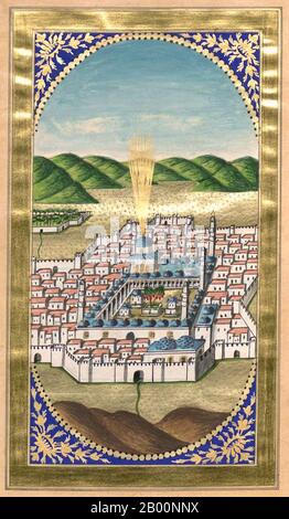 Turkey: Illuminated folio possibly depicting 'the Mosque of the Prophet at Medina', from an Ottoman dua kitabi or ‘prayer book’ by Hasan Rashid (Istanbul, 1845), once the property of a Topkapi harem lady.  The Arabic term ‘du’a’ is generally translated into English as ‘prayer’, though a more exact rendering would be ‘supplication’. The term is derived from an Arabic word meaning to 'call out' or to 'summon', and Muslims regard this as a profound act of worship. This is when Muslims connect with God and ask him for forgiveness or appeal for his favour. Stock Photo