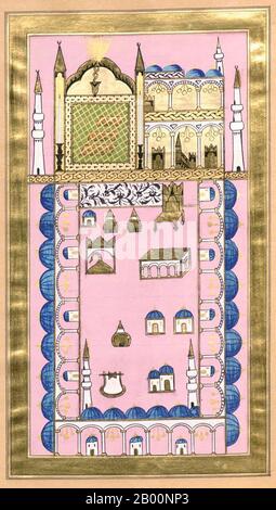 Turkey: Illuminated folio depicting 'the Umayyad Mosque in Damascus, Syria', from an Ottoman dua kitabi or ‘prayer book’ by Hasan Rashid (Istanbul, 1845), once the property of a Topkapi harem lady.  The Arabic term ‘du’a’ is generally translated into English as ‘prayer’, though a more exact rendering would be ‘supplication’. The term is derived from an Arabic word meaning to 'call out' or to 'summon', and Muslims regard this as a profound act of worship. This is when Muslims connect with God and ask him for forgiveness or appeal for his favour. Stock Photo
