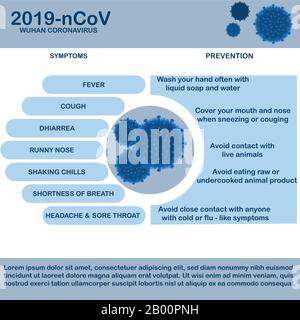 Coronavirus 2019-nCoV infographic: symptoms and prevention. Coronavirus outbreak and coronaviruses influenza background as dangerous flu strain cases Stock Vector