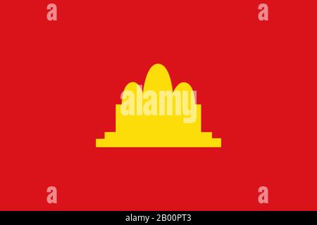 Cambodia: Flag of the communist republic of Democratic Kampuchea (1975-1979). Three yellow towers of Angkor Wat on a red field. Stock Photo