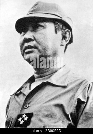 Cambodia: General Lon Nol led a military coup against Prince Norodom Sihanouk and became President of the Khmer Republic (1970-1975).  Lon Nol ( November 13, 1913 – November 17, 1985) was a Cambodian politician and soldier who served as Prime Minister of Cambodia twice, as well as serving repeatedly as Defense Minister. He led a military coup against Prince Norodom Sihanouk and became President of the Khmer Republic. Lon Nol fled Cambodiain April, 1975, first settling in Hawaii and then in Fullerton, California. He died on November 17, 1985. Stock Photo