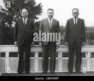 Cambodia: Khmer Rouge leaders Ieng Sary, Pol Pot and Son Sen posing in Western business suits, probably Thailand, 1980s.  The Khmer Rouge, or Communist Party of Kampuchea, ruled Cambodia from 1975 to 1979, led by Pol Pot, Nuon Chea, Ieng Sary, Son Sen and Khieu Samphan. It is remembered primarily for its brutality and policy of social engineering which resulted in millions of deaths. Its attempts at agricultural reform led to widespread famine, while its insistence on absolute self-sufficiency, even in the supply of medicine, led to the deaths of thousands from treatable diseases. Stock Photo