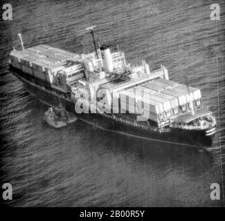 Cambodia: The Mayaguez Incident, May 12-15, 1975. Aerial surveillance photo showing two Khmer Rouge gunboats during the initial seizing of the SS Mayaguez.  On May 12, 1975, the Khmer Rouge seized the USS Mayaguez and its crew in Cambodian territorial waters as they were en route to Thailand. The US first launched a rescue mission that ended in disaster after a helicopter crashed. A massive assault was launched on May 14-15 and the majority of the crew were rescued from the island of Koh Tang, but not before both sides had lost over a dozen casualties.